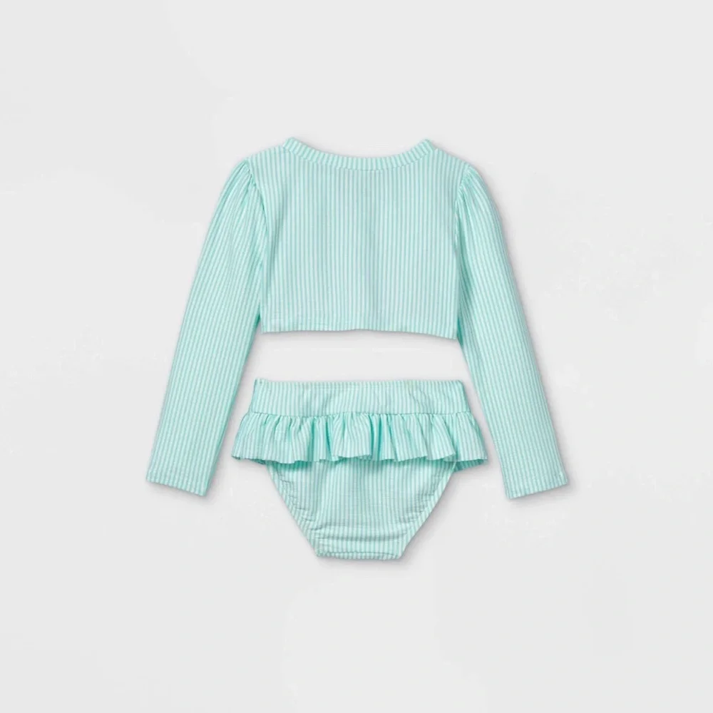 Cat & Jack Girls Long‎ Sleeve Striped Strawberry Two Piece Swimsuit Blue 18 M